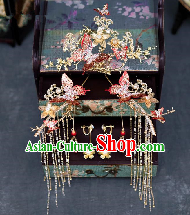Chinese Ancient Palace Hair Accessories Hairpins Traditional Bride Red Crystal Butterfly Phoenix Coronet for Women