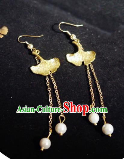 Chinese Ancient Hanfu Jewelry Accessories Traditional Wedding Golden Ginkgo Leaf Earrings for Women