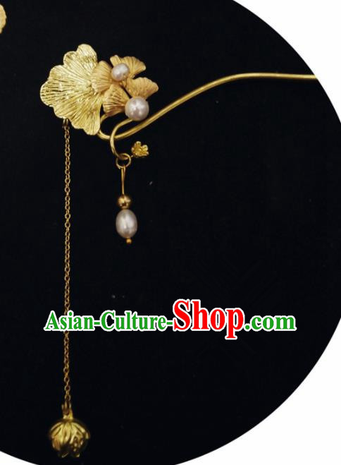 Chinese Ancient Hair Accessories Traditional Bride Hanfu Golden Ginkgo Tassel Hairpins for Women