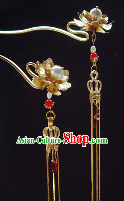 Chinese Ancient Hair Accessories Tassel Step Shake Traditional Bride Hanfu Lotus Hairpins for Women