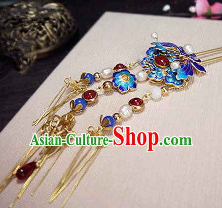 Chinese Ancient Hair Accessories Classical Blueing Hair Clip Traditional Bride Hanfu Hairpins for Women