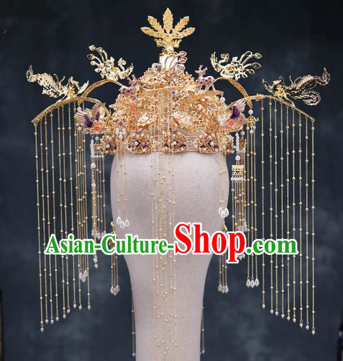 Chinese Ancient Bride Hair Accessories Traditional Wedding Cloisonne Purple Phoenix Coronet Hanfu Hairpins for Women