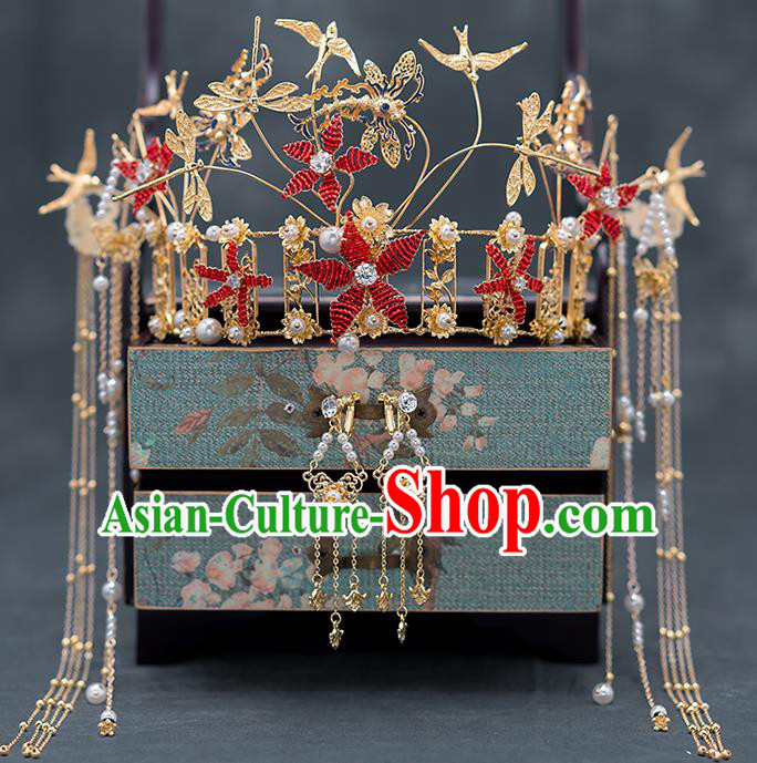 Chinese Ancient Bride Hair Accessories Traditional Wedding Red Flowers Phoenix Coronet Hanfu Hairpins for Women