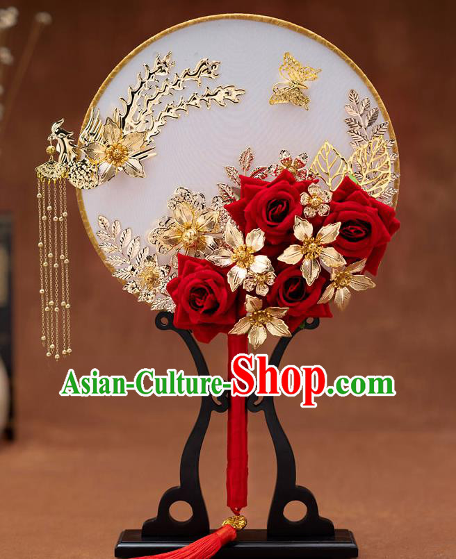 Chinese Ancient Bride Phoenix Tassel Round Fans Traditional Wedding Classical Palace Fans for Women
