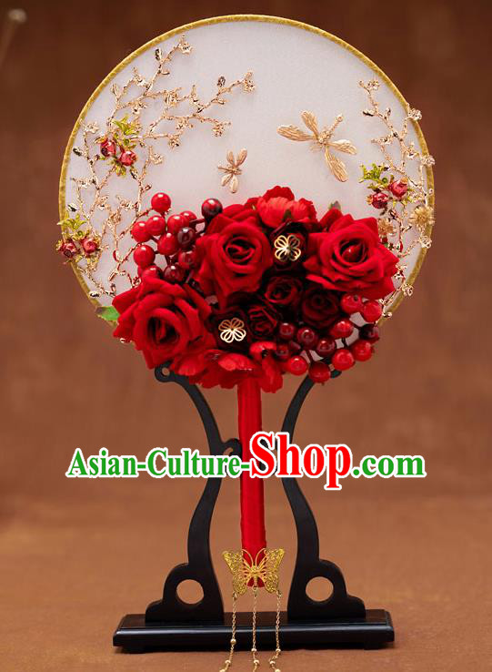 Chinese Ancient Bride Red Roses Round Fans Traditional Wedding Classical Palace Fans for Women