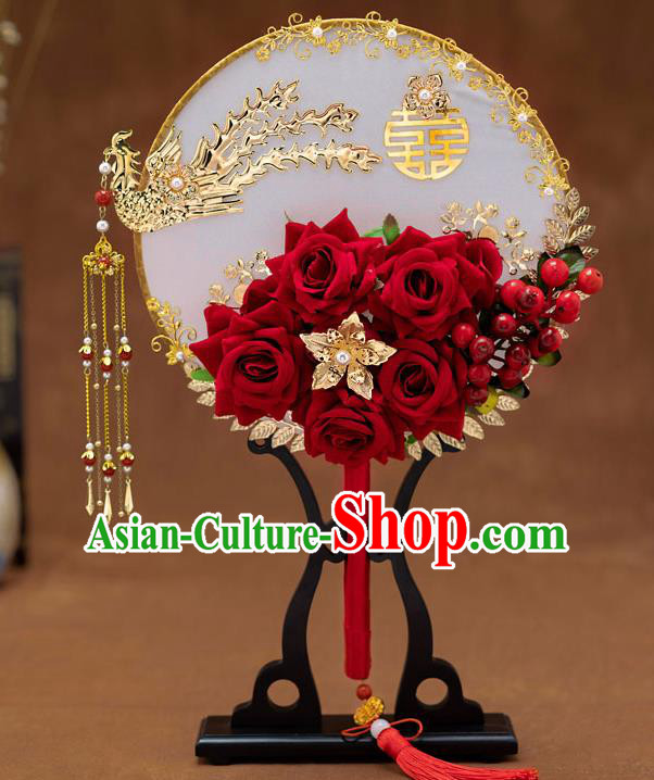 Chinese Ancient Bride Red Roses Round Fans Traditional Wedding Classical Phoenix Palace Fans for Women