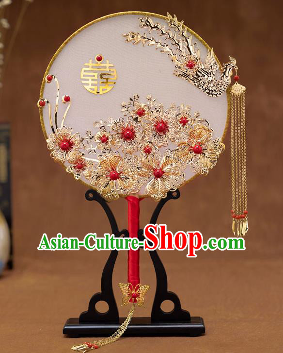 Chinese Ancient Bride Round Fans Traditional Wedding Classical Golden Phoenix Palace Fans for Women