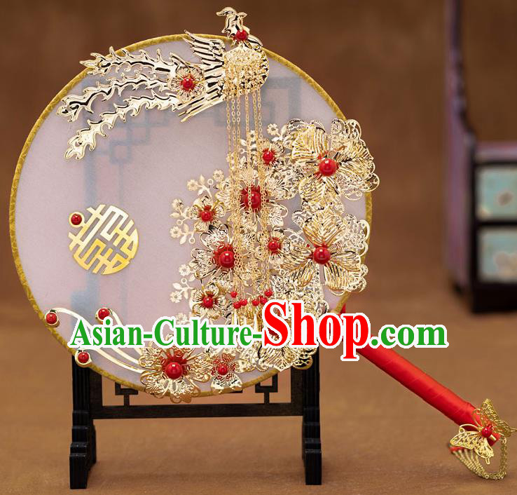 Chinese Ancient Bride Round Fans Traditional Wedding Classical Golden Phoenix Palace Fans for Women