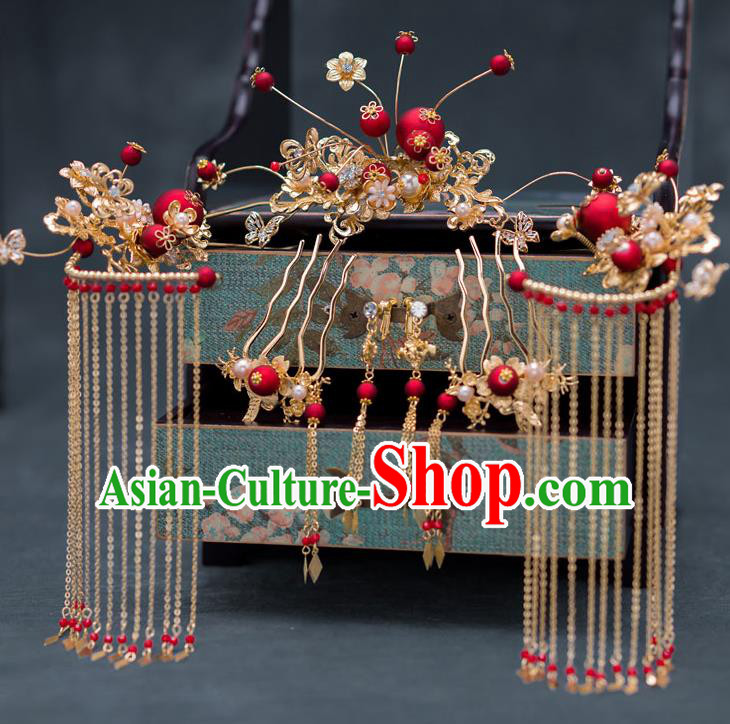 Chinese Ancient Bride Hair Accessories Tassel Step Shake Traditional Wedding Hanfu Hairpins Complete Set for Women