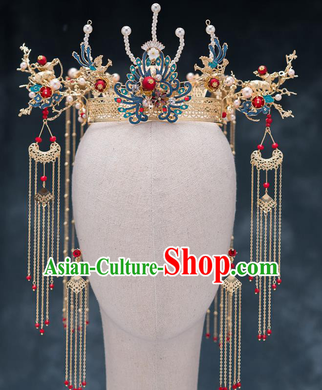 Chinese Ancient Bride Cloisonne Phoenix Coronet Traditional Wedding Hair Accessories Hanfu Hairpins for Women