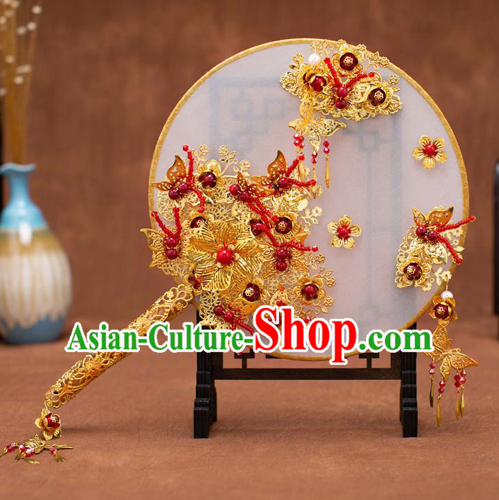 Chinese Traditional Wedding Golden Butterfly Round Fans Classical Ancient Bride Palace Fans for Women
