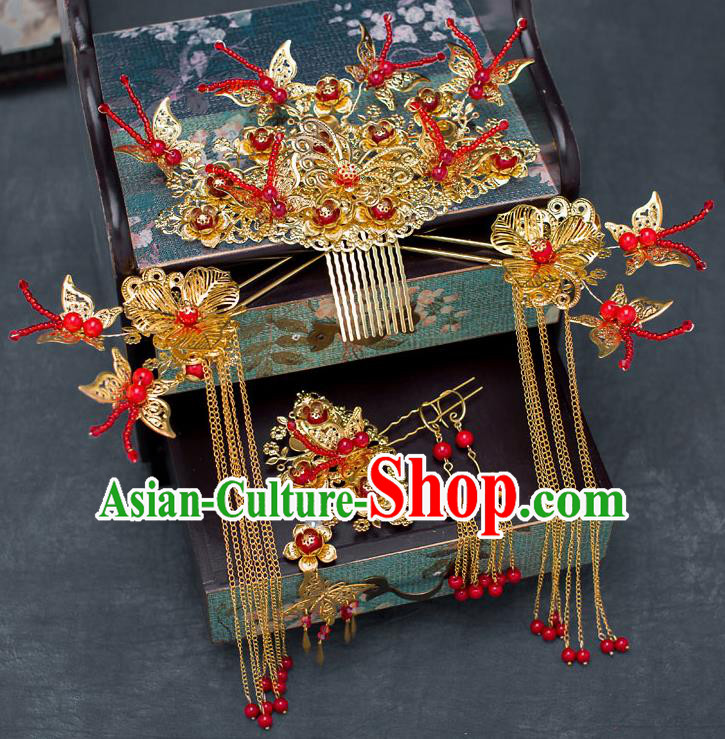 Chinese Ancient Bride Red Beads Phoenix Coronet Traditional Wedding Hair Accessories Hanfu Hairpins for Women