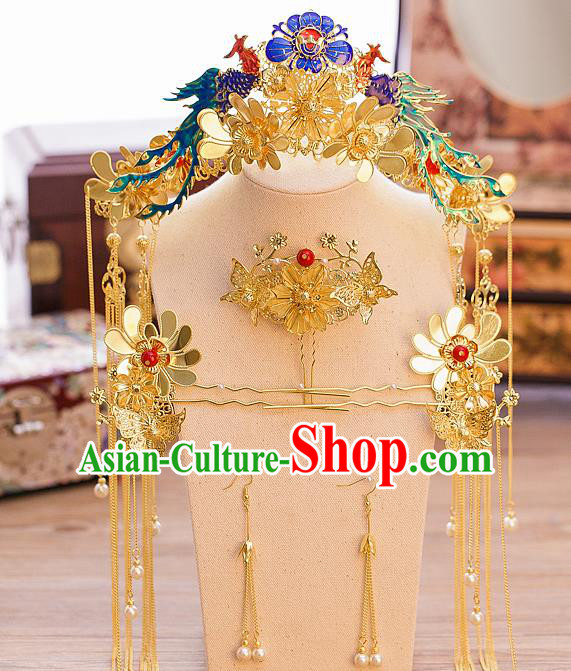 Chinese Ancient Queen Blueing Phoenix Coronet Traditional Wedding Hair Accessories Hairpins for Women