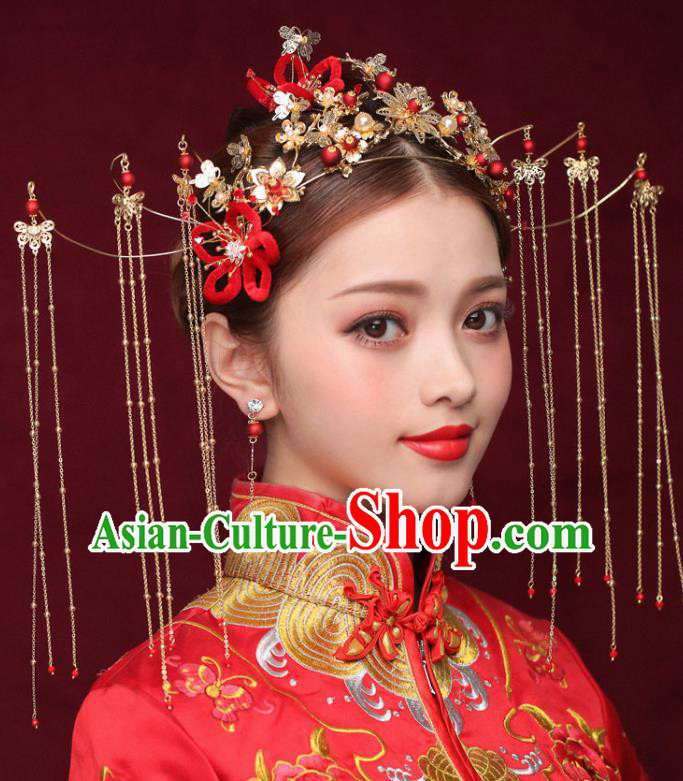 Chinese Ancient Bride Tassel Phoenix Coronet Traditional Wedding Hair Accessories Hairpins for Women