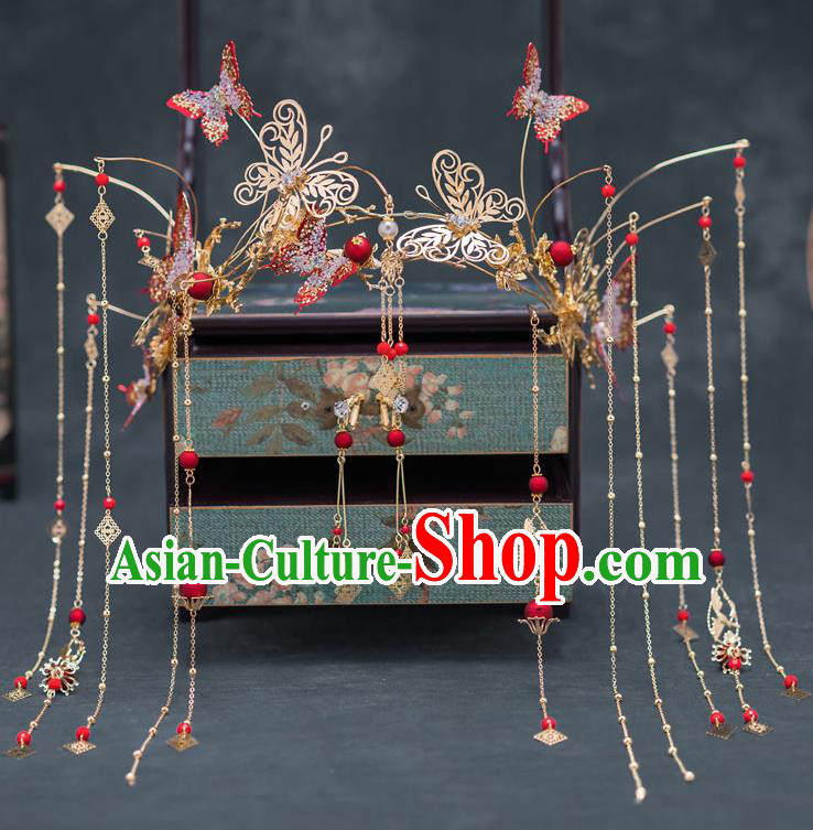 Chinese Ancient Bride Wedding Hairpins Traditional Red Butterfly Phoenix Coronet Hair Accessories for Women