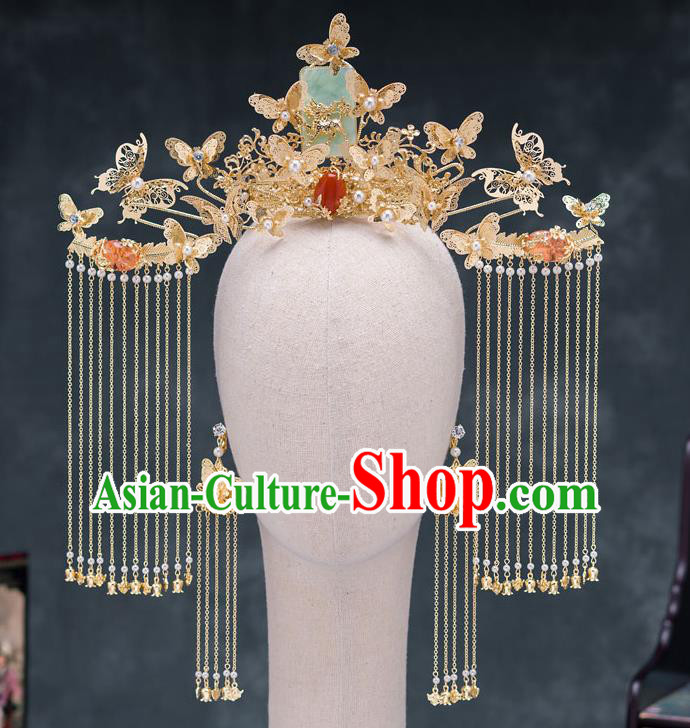 Traditional Chinese Ancient Bride Wedding Jade Phoenix Coronet Hair Accessories for Women