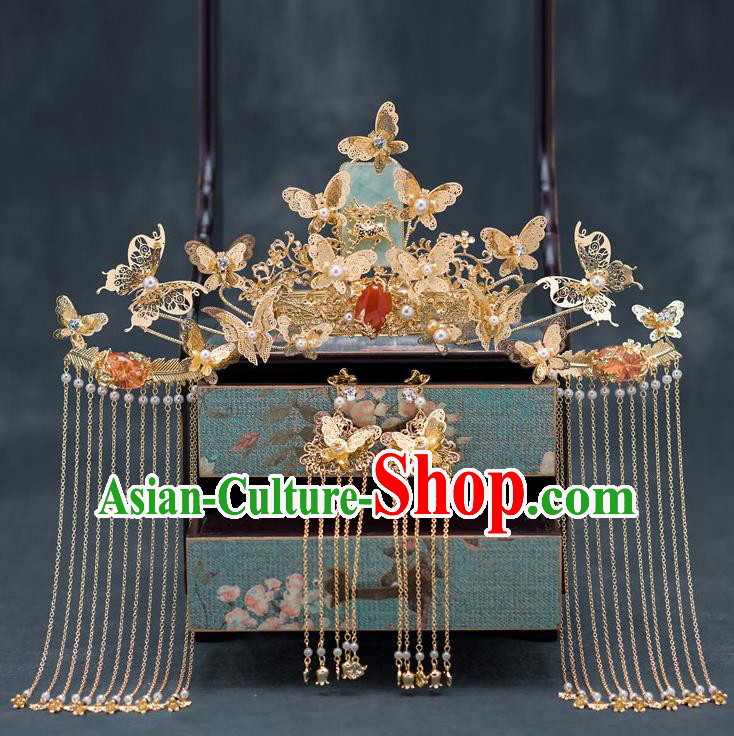 Traditional Chinese Ancient Bride Wedding Jade Phoenix Coronet Hair Accessories for Women