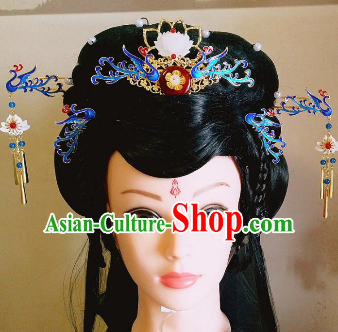 Chinese Ancient Queen Hair Accessories Traditional Hanfu Blueing Phoenix Coronet Hairpins for Women