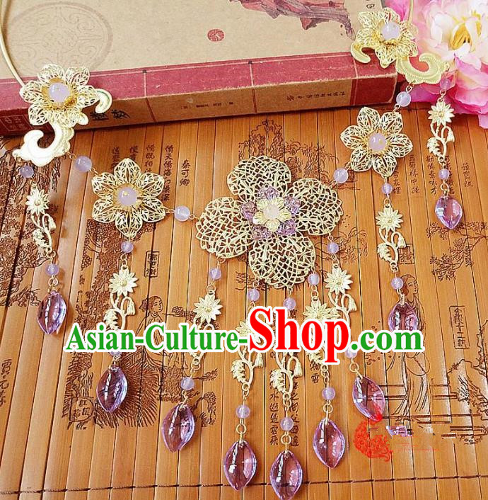 Chinese Ancient Bride Hanfu Accessories Traditional Palace Purple Crystal Tassel Necklace for Women