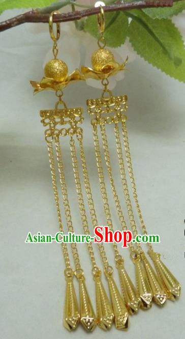 Chinese Ancient Princess Jewelry Accessories Traditional Hanfu Golden Long Tassel Earrings for Women