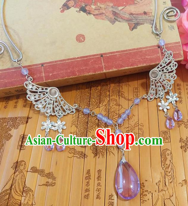 Chinese Ancient Bride Hanfu Accessories Traditional Palace Lilac Crystal Necklace for Women
