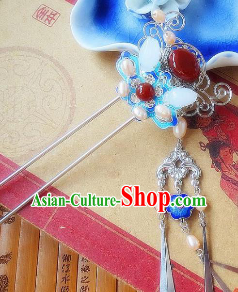 Chinese Ancient Wedding Hair Accessories Traditional Hanfu Blueing Pearls Hairpins for Women