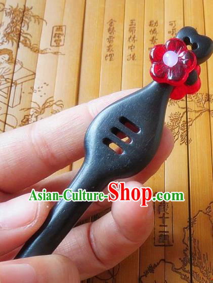 Chinese Ancient Princess Hair Accessories Traditional Hanfu Red Flower Ebony Hairpins for Women