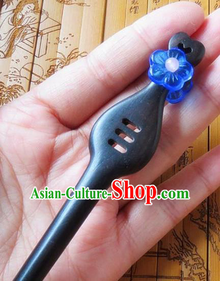 Chinese Ancient Princess Hair Accessories Traditional Hanfu Blue Flower Ebony Hairpins for Women
