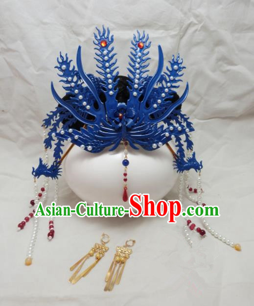 Chinese Ancient Hairpins Palace Queen Blue Phoenix Coronet Hair Accessories Traditional Hair Comb for Women