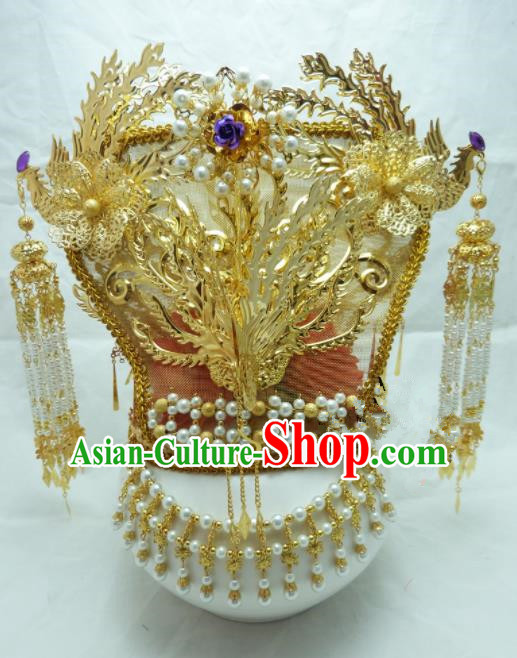 Chinese Ancient Hair Accessories Queen Golden Phoenix Coronet Traditional Palace Hairpins for Women