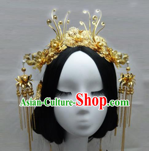 Chinese Ancient Queen Golden Phoenix Coronet Hair Accessories Traditional Palace Hairpins for Women