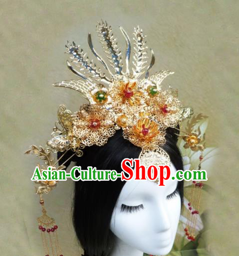 Chinese Traditional Palace Golden Hairpins Ancient Han Dynasty Queen Phoenix Coronet Hair Accessories for Women