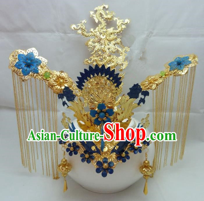 Chinese Traditional Palace Hairpins Ancient Han Dynasty Queen Blue Phoenix Coronet Hair Accessories for Women