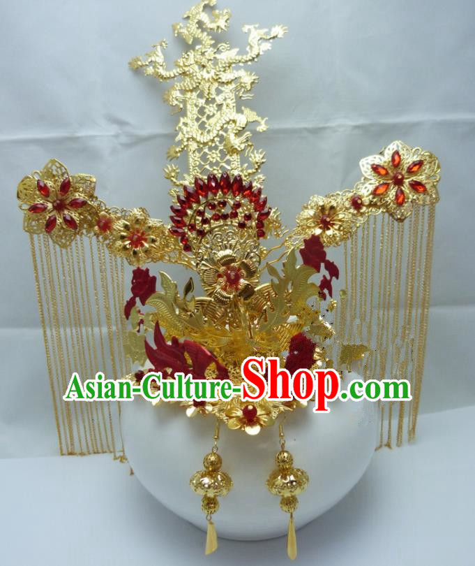 Chinese Traditional Palace Hairpins Ancient Han Dynasty Queen Red Phoenix Coronet Hair Accessories for Women