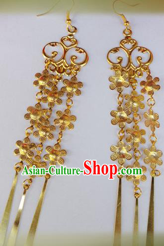 Chinese Ancient Princess Jewelry Accessories Traditional Hanfu Golden Flowers Tassel Earrings for Women