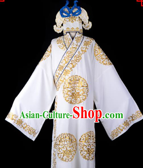 Professional Chinese Beijing Opera Costume Traditional Peking Opera Scholar White Robe and Hat for Adults