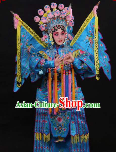 Professional Chinese Traditional Beijing Opera Costume Female General Embroidered Blue Clothing for Adults