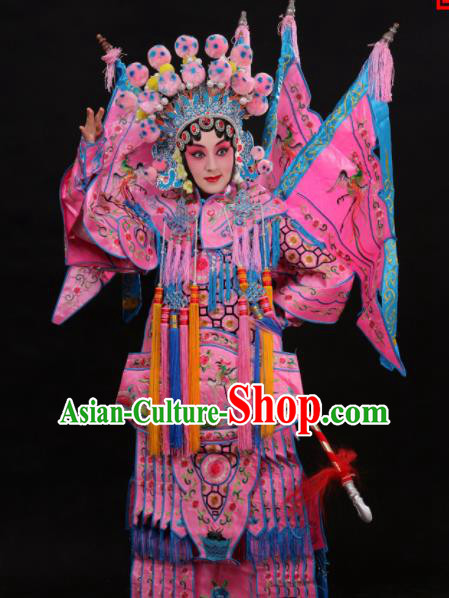 Professional Chinese Traditional Beijing Opera Costume Female General Embroidered Pink Clothing for Adults