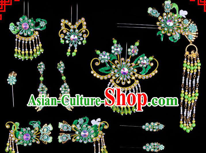 Chinese Beijing Opera Hair Accessories Ancient Princess Green Hairpins Headwear for Women