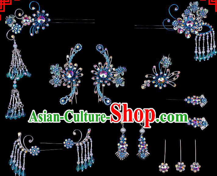 Chinese Beijing Opera Hair Accessories Ancient Princess Blue Hairpins Headwear for Women