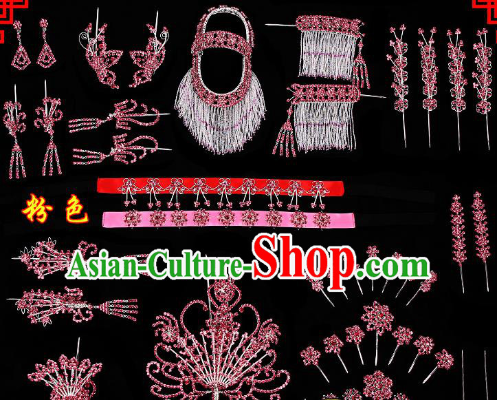 Chinese Beijing Opera Diva Hair Accessories Ancient Princess Pink Hairpins Complete Set for Women