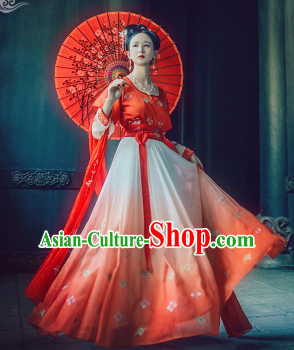 Chinese Traditional Tang Dynasty Princess Replica Costume Ancient Peri Red Embroidered Dress for Women