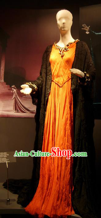 Traditional Greek Stage Performance Costume Ancient Greek Queen Peplos Orange Dress for Women