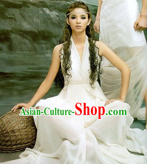 Traditional Greek Peplos Stage Performance Costume Ancient Greek Goddess White Dress for Women