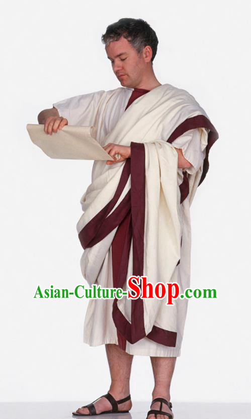 Traditional Roman Senator Costume Ancient Rome Conscript Fathers Clothing White Toga for Men