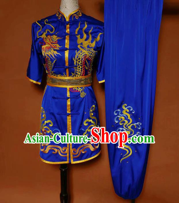 Top Kung Fu Competition Costume Group Martial Arts Gongfu Training Blue Uniform for Men