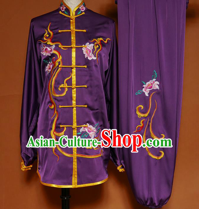 Top Group Kung Fu Costume Martial Arts Gongfu Training Uniform Embroidered Purple Tai Ji Clothing for Women