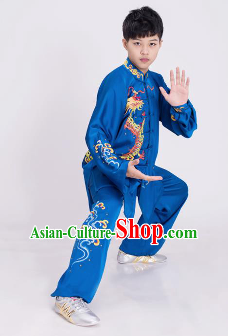 Top Kung Fu Competition Costume Group Martial Arts Gongfu Training Embroidered Dragon Blue Uniform for Men