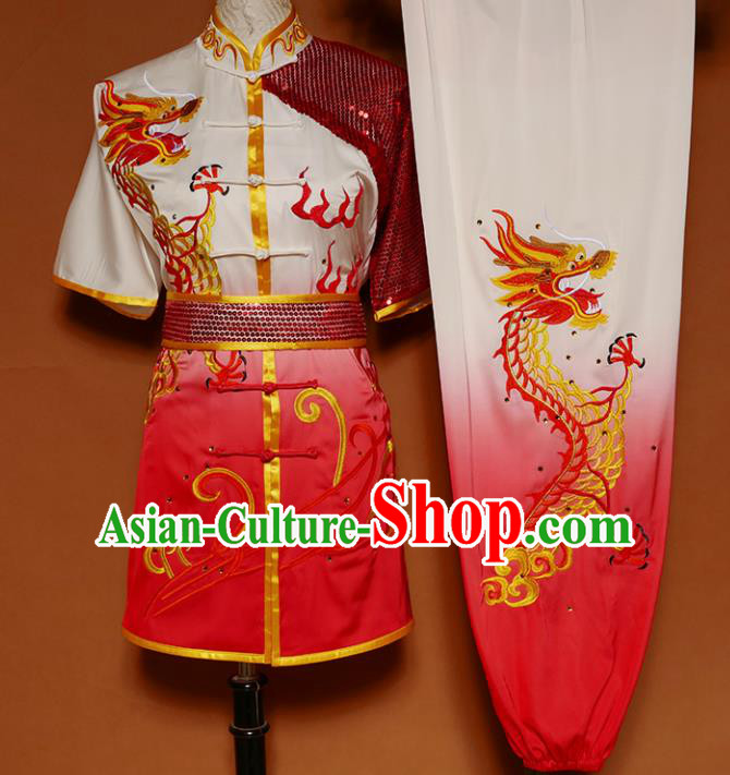 Top Group Kung Fu Costume Martial Arts Gongfu Training Uniform Embroidered Dragon Tai Ji Red Clothing for Women