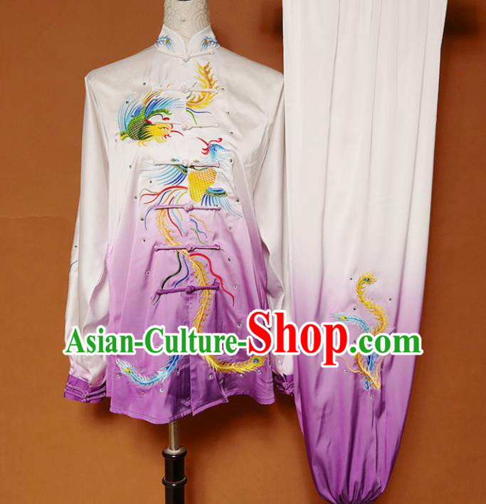 Top Group Kung Fu Costume Tai Ji Training Embroidered Phoenix Purple Uniform Clothing for Women